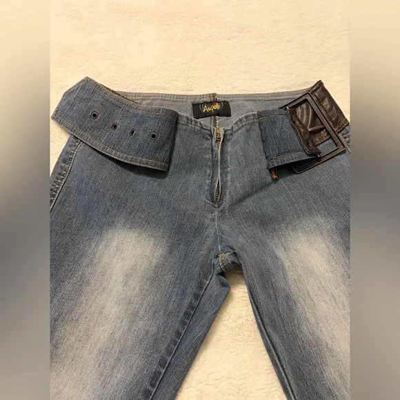 Angels Blue Flare Jeans with Brown Faux-Leather Waistband - Picture 9 of 12